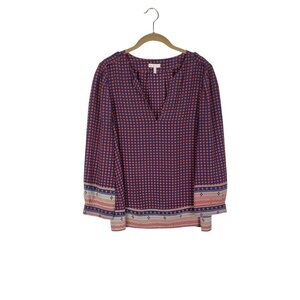 Joie Silk Blouse Blue Orange Epaulet Scarf Print Long Sleeve Top Size Small